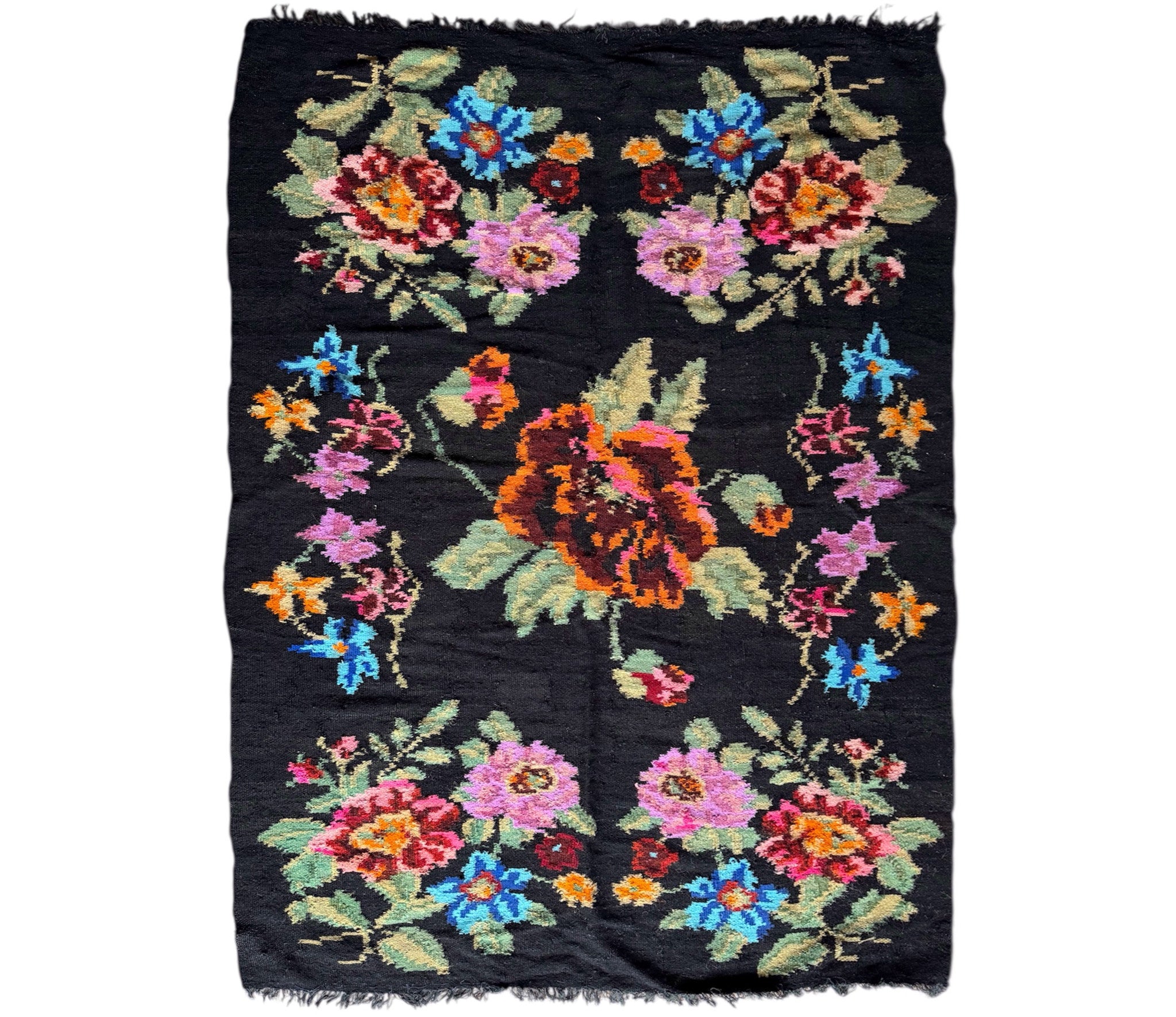 Vintage Black Floral Maramureș Wool Rug, 186x130 cm