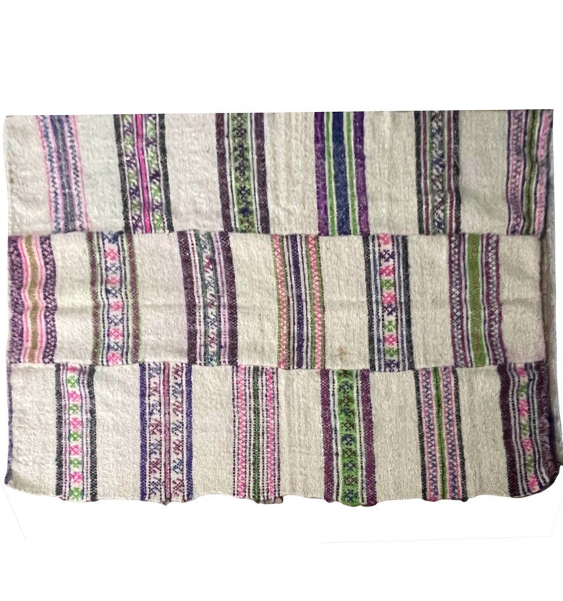 Handwoven White Striped Maramureș Wool Rug, 227x134 cm