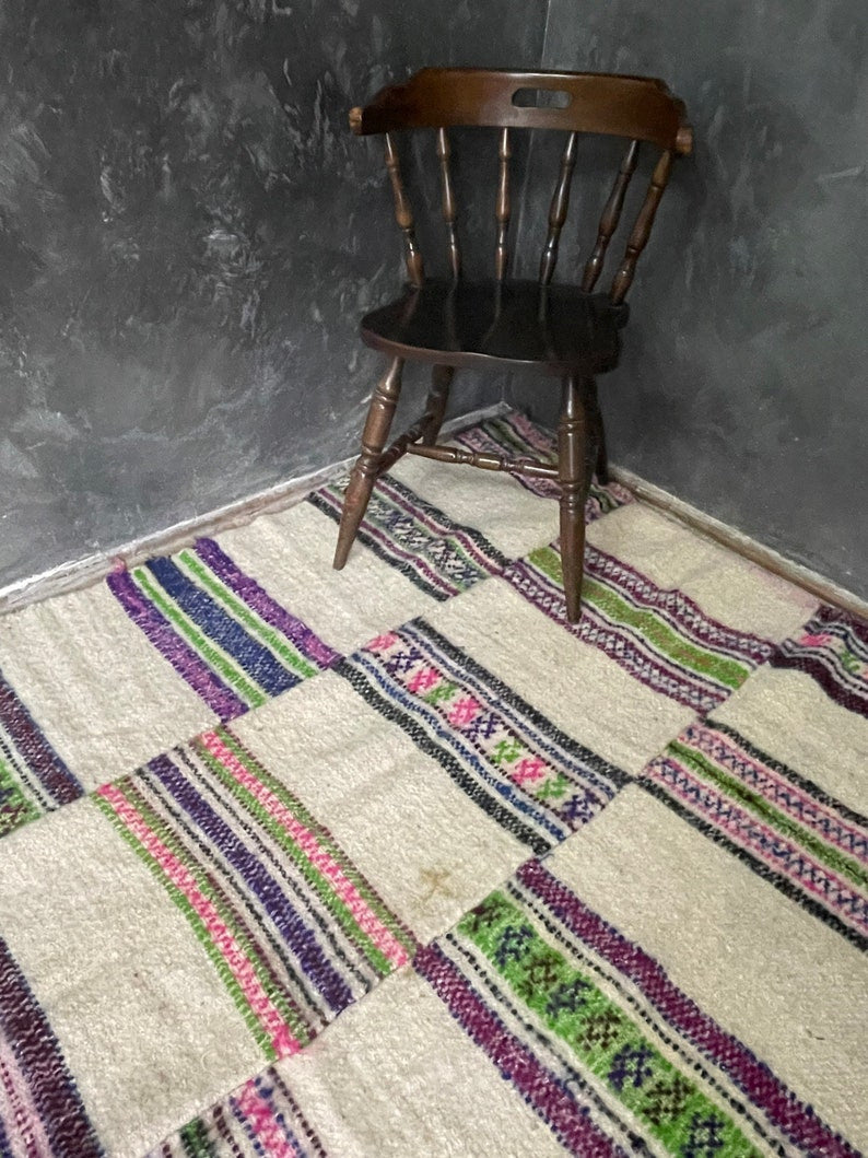 Handwoven White Striped Maramureș Wool Rug, 227x134 cm, view 3