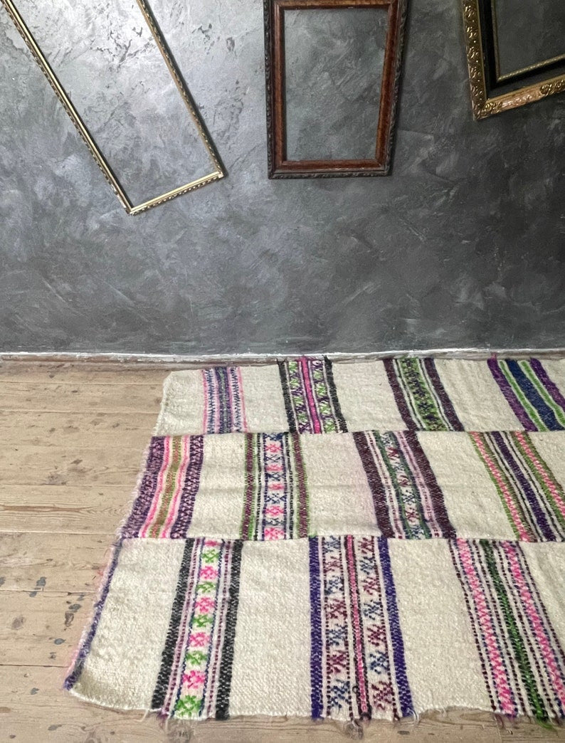 Handwoven White Striped Maramureș Wool Rug, 227x134 cm, view 4