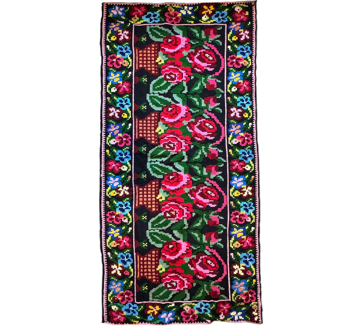 Vintage Black Floral Moldavian Wool Runner Rug, 215x95 cm