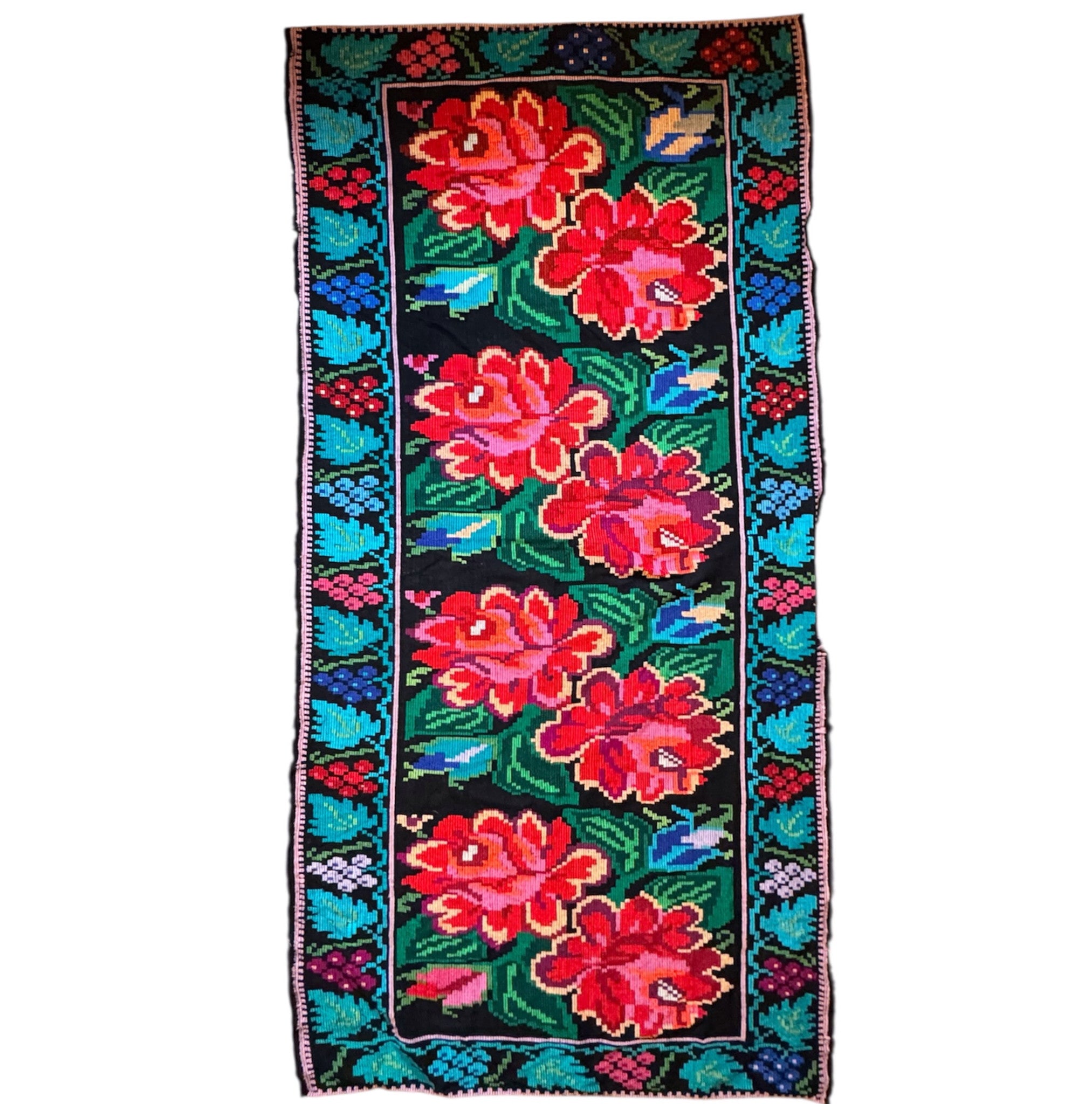 Vintage Black Floral Moldavian Wool Runner Rug, 228x100 cm