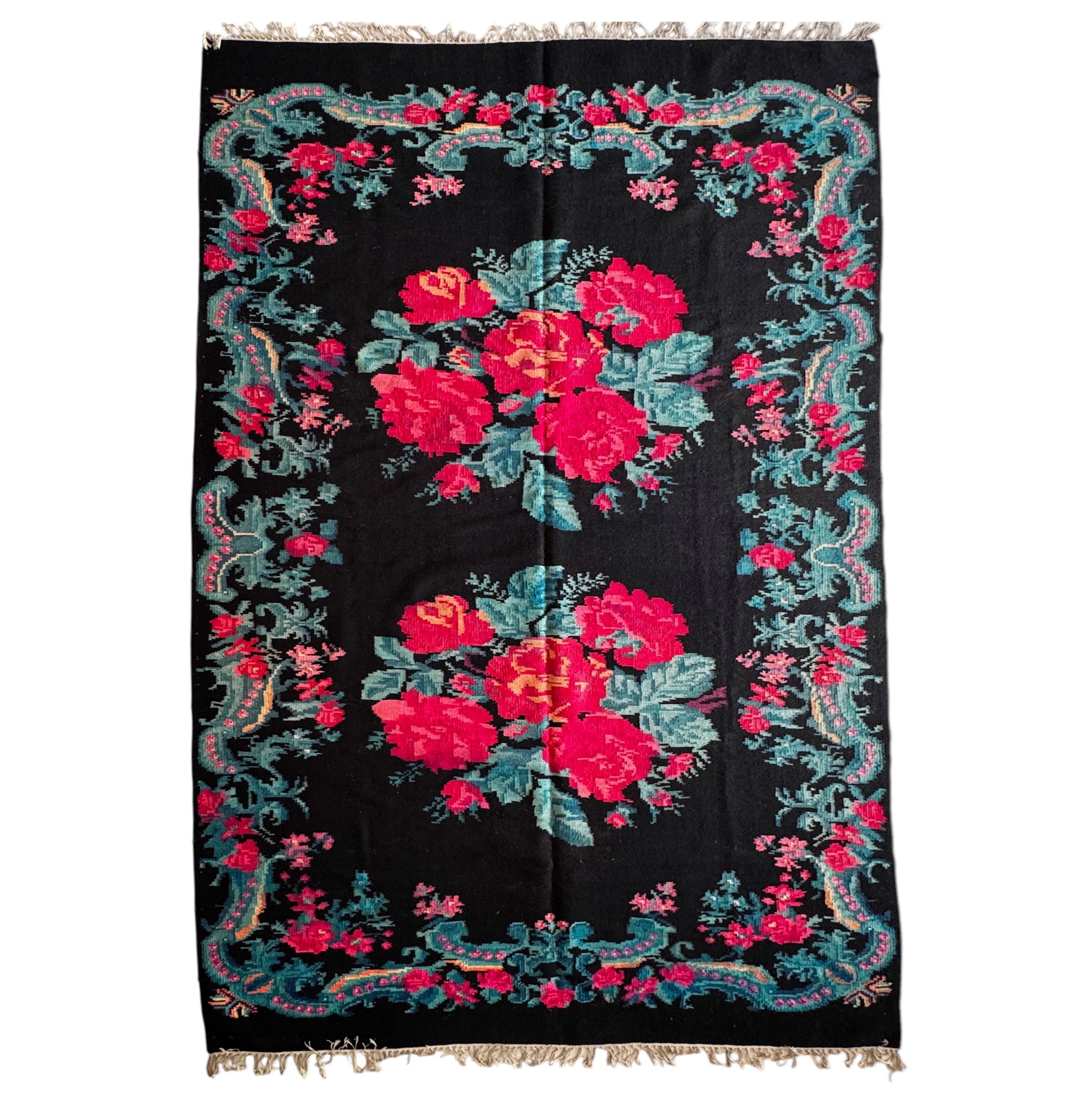 Old Black Floral Bessarabian Wool Rug, 345x187 cm