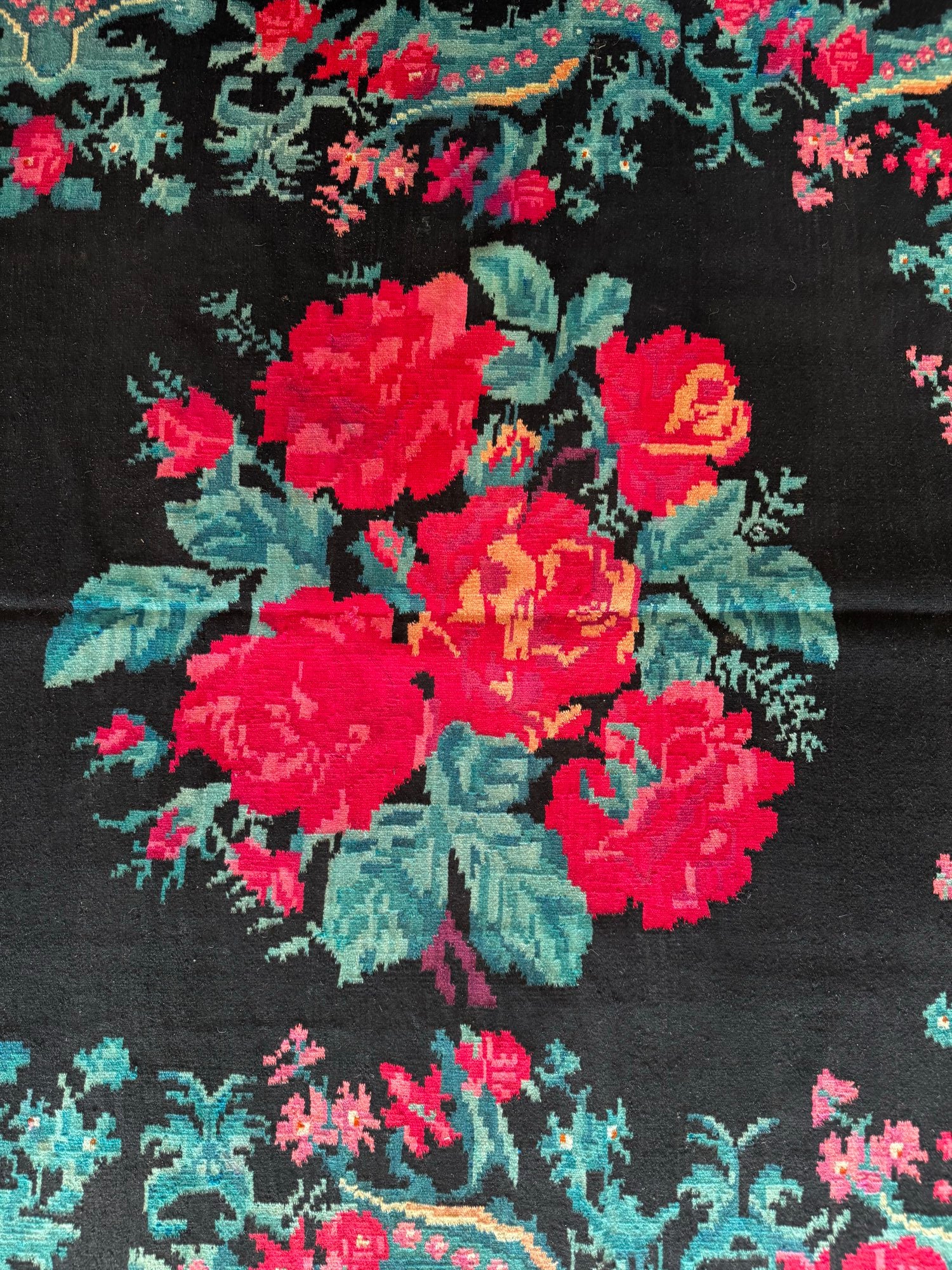 Old Black Floral Bessarabian Wool Rug, 345x187 cm, view 12