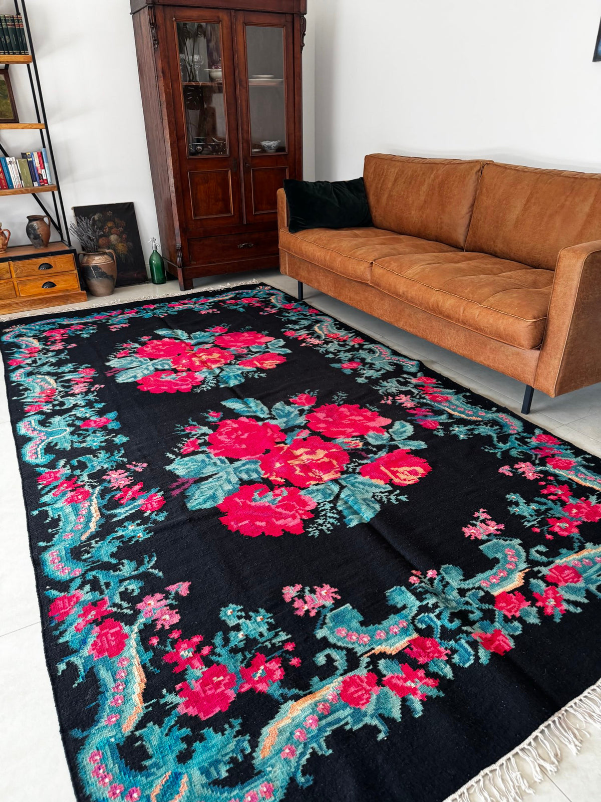 Old Black Floral Bessarabian Wool Rug, 345x187 cm, view 2