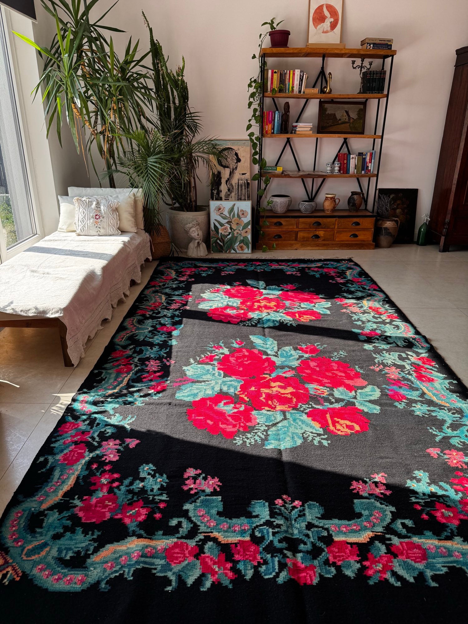 Old Black Floral Bessarabian Wool Rug, 345x187 cm, view 3