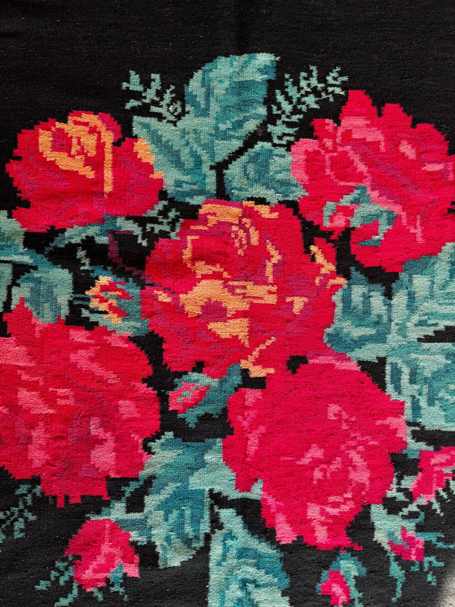 Old Black Floral Bessarabian Wool Rug, 345x187 cm, view 5