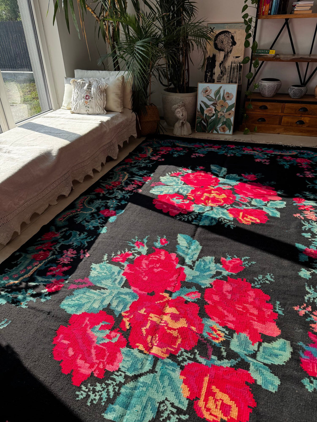 Old Black Floral Bessarabian Wool Rug, 345x187 cm, view 8