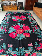 Old Black Floral Bessarabian Wool Rug, 345x187 cm, view 9