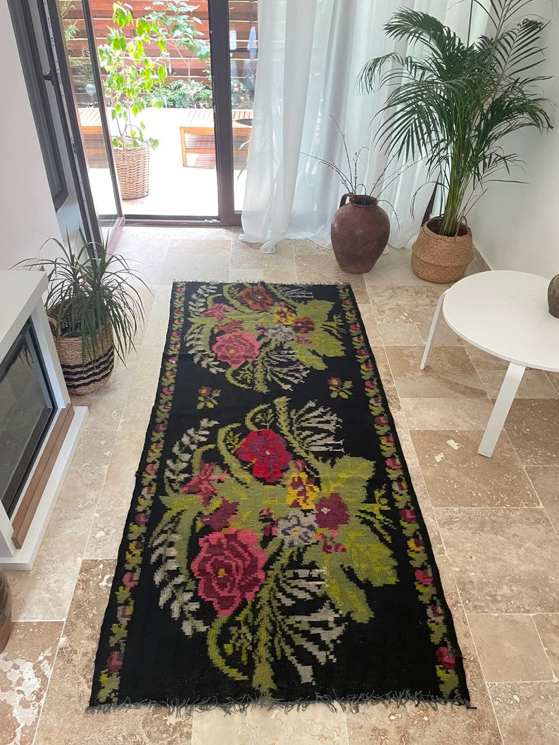 Old Floral Bessarabian Wool Runner Rug, 226x106 cm