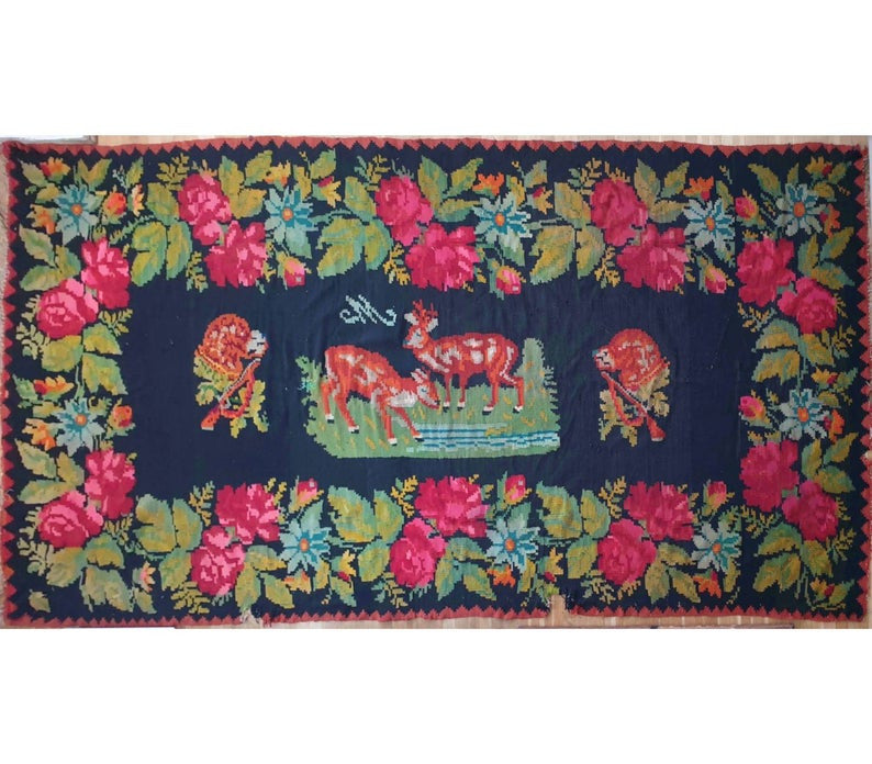 Old Black Floral Muntenian Wool Rug, 354x156 cm