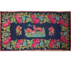 Old Black Floral Muntenian Wool Rug, 354x156 cm