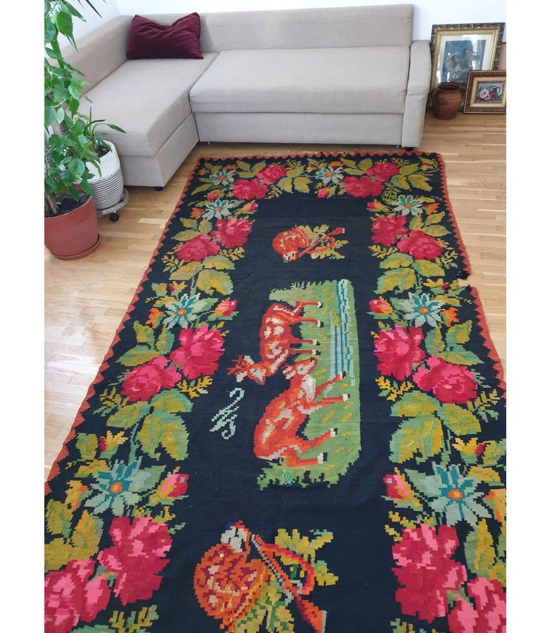 Old Black Floral Muntenian Wool Rug, 354x156 cm, view 10