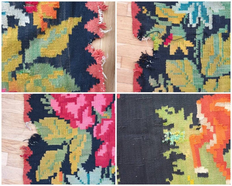 Old Black Floral Muntenian Wool Rug, 354x156 cm, view 2