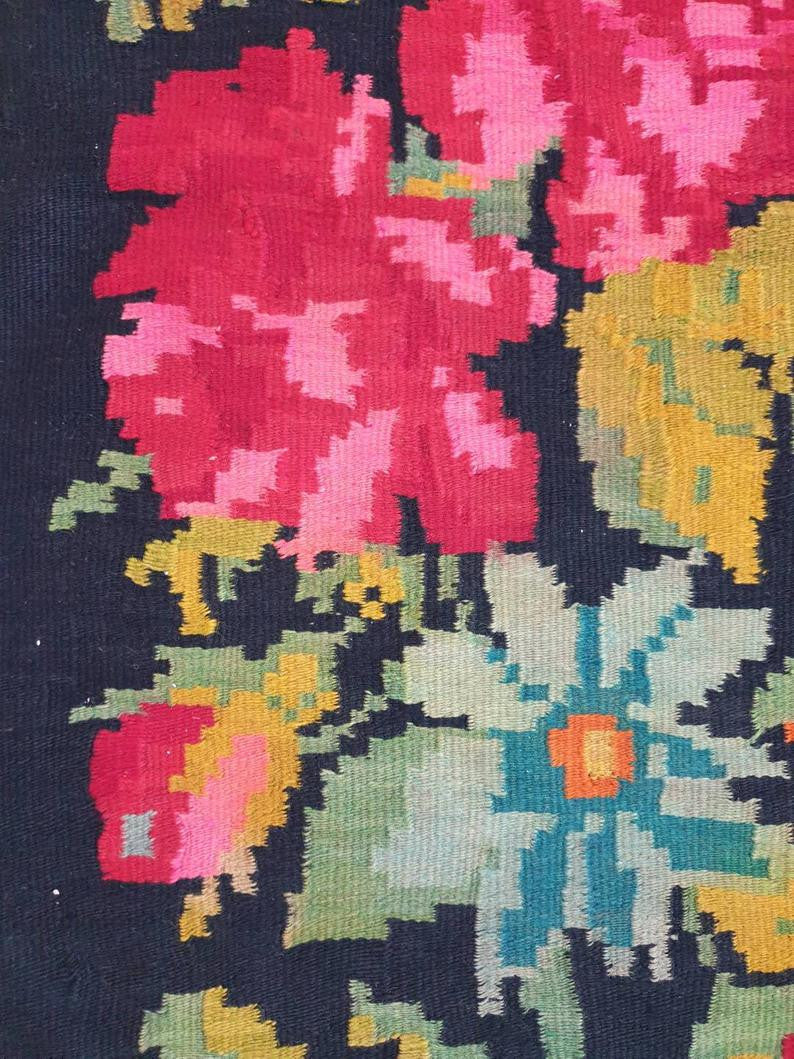 Old Black Floral Muntenian Wool Rug, 354x156 cm, view 3