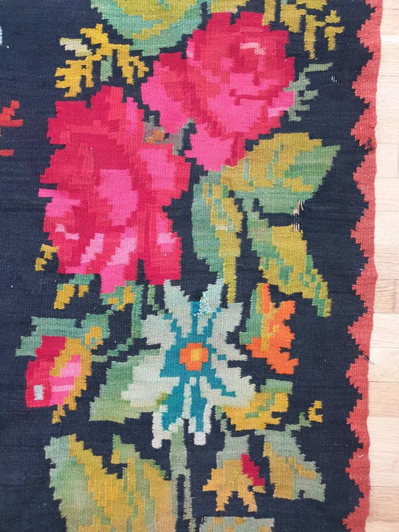 Old Black Floral Muntenian Wool Rug, 354x156 cm, view 5