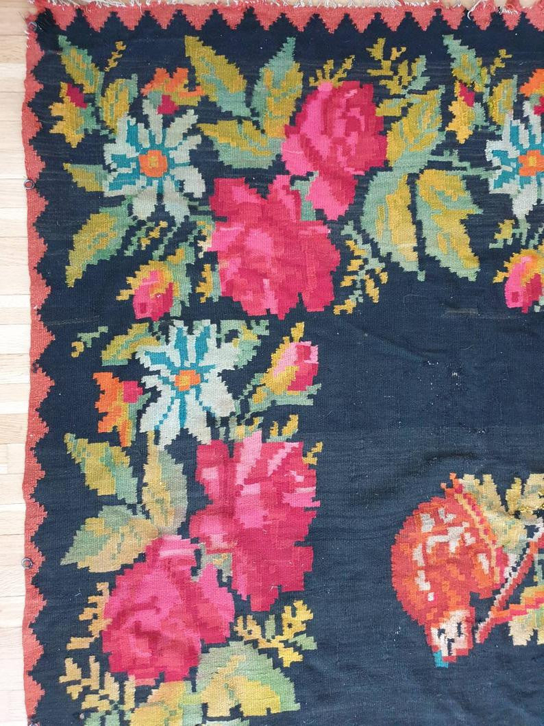 Old Black Floral Muntenian Wool Rug, 354x156 cm, view 7
