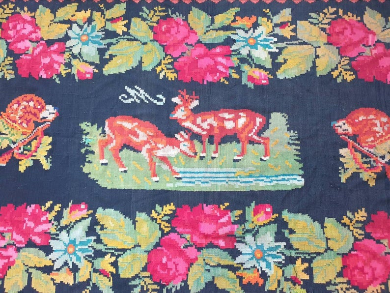Old Black Floral Muntenian Wool Rug, 354x156 cm, view 9