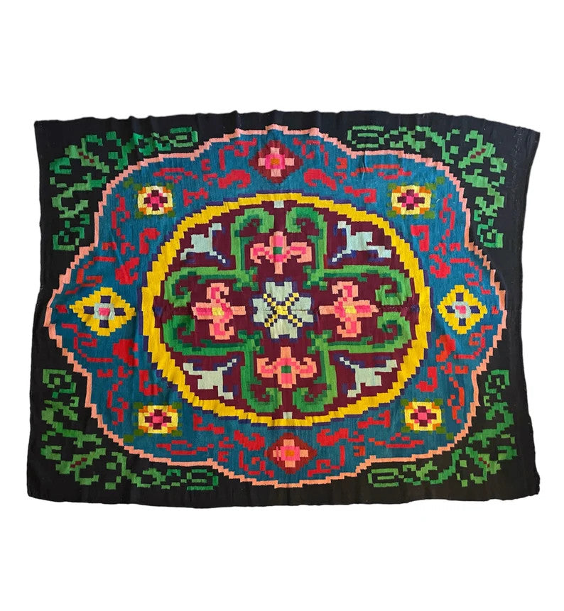 Old Blue & Black Floral Romanian Wool Rug, 187x155 cm