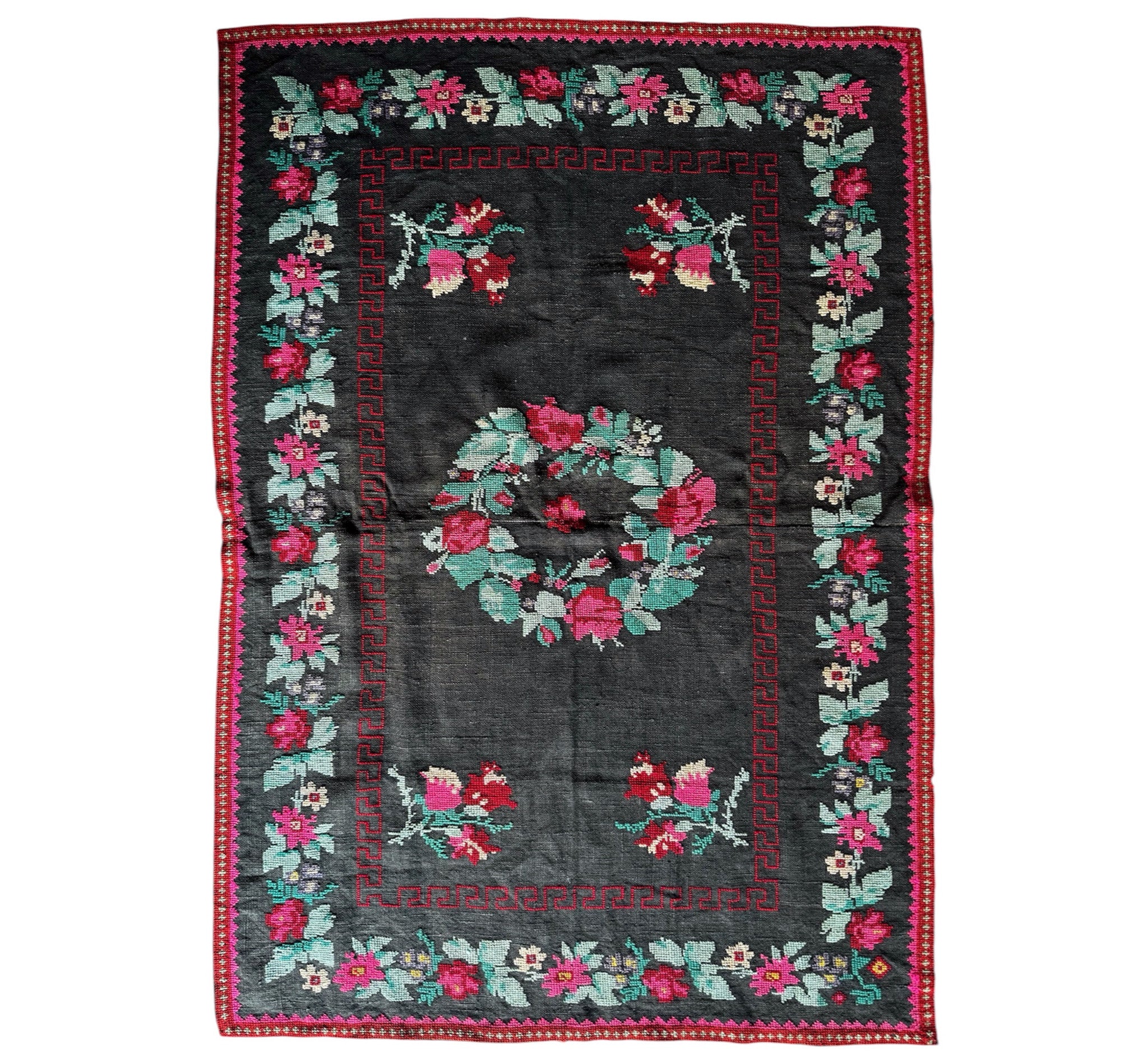 Old Gray Floral Romanian Wool Rug, 205x125 cm