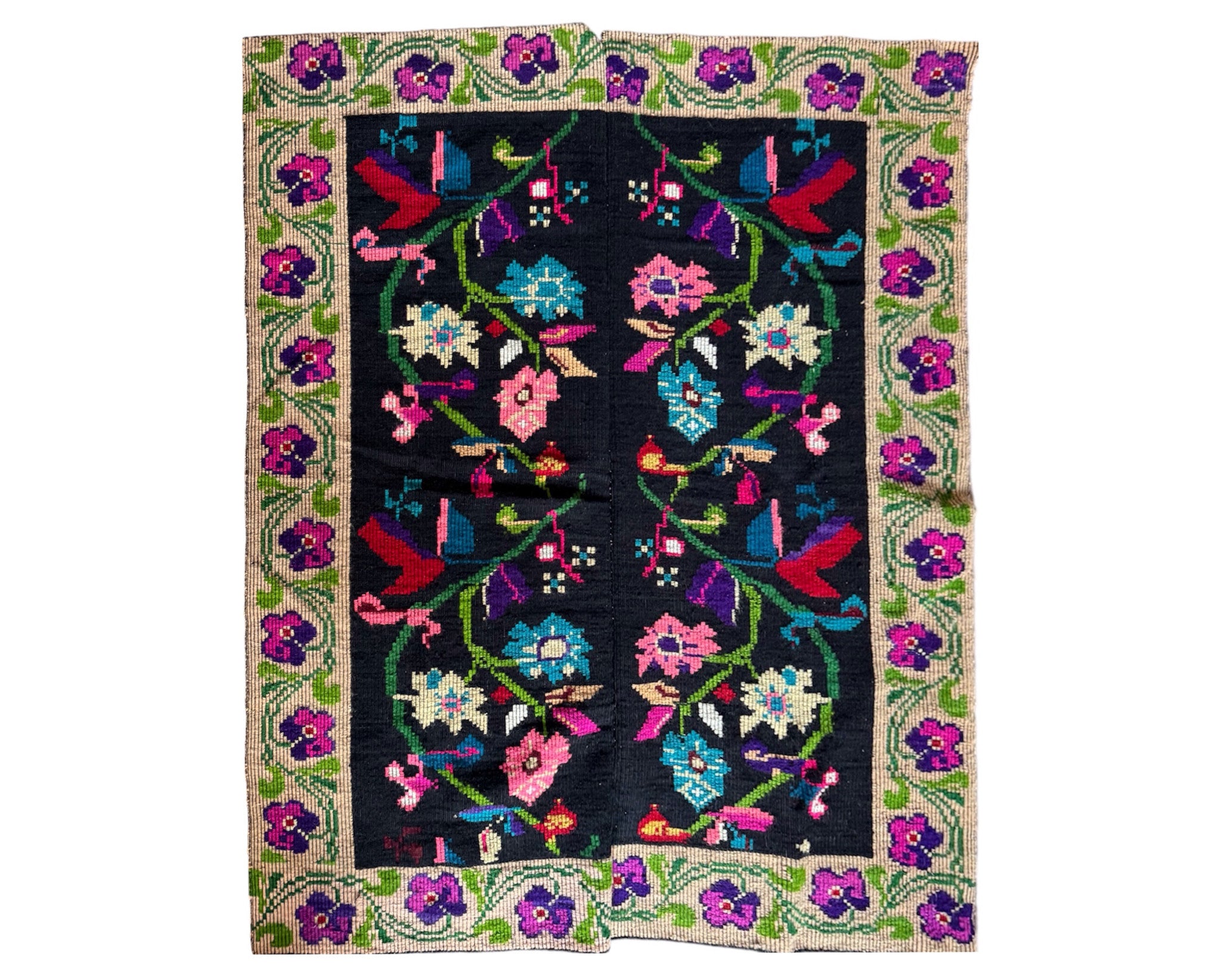 Handwoven Black Floral Oltenian Wool Rug, 180x153 cm