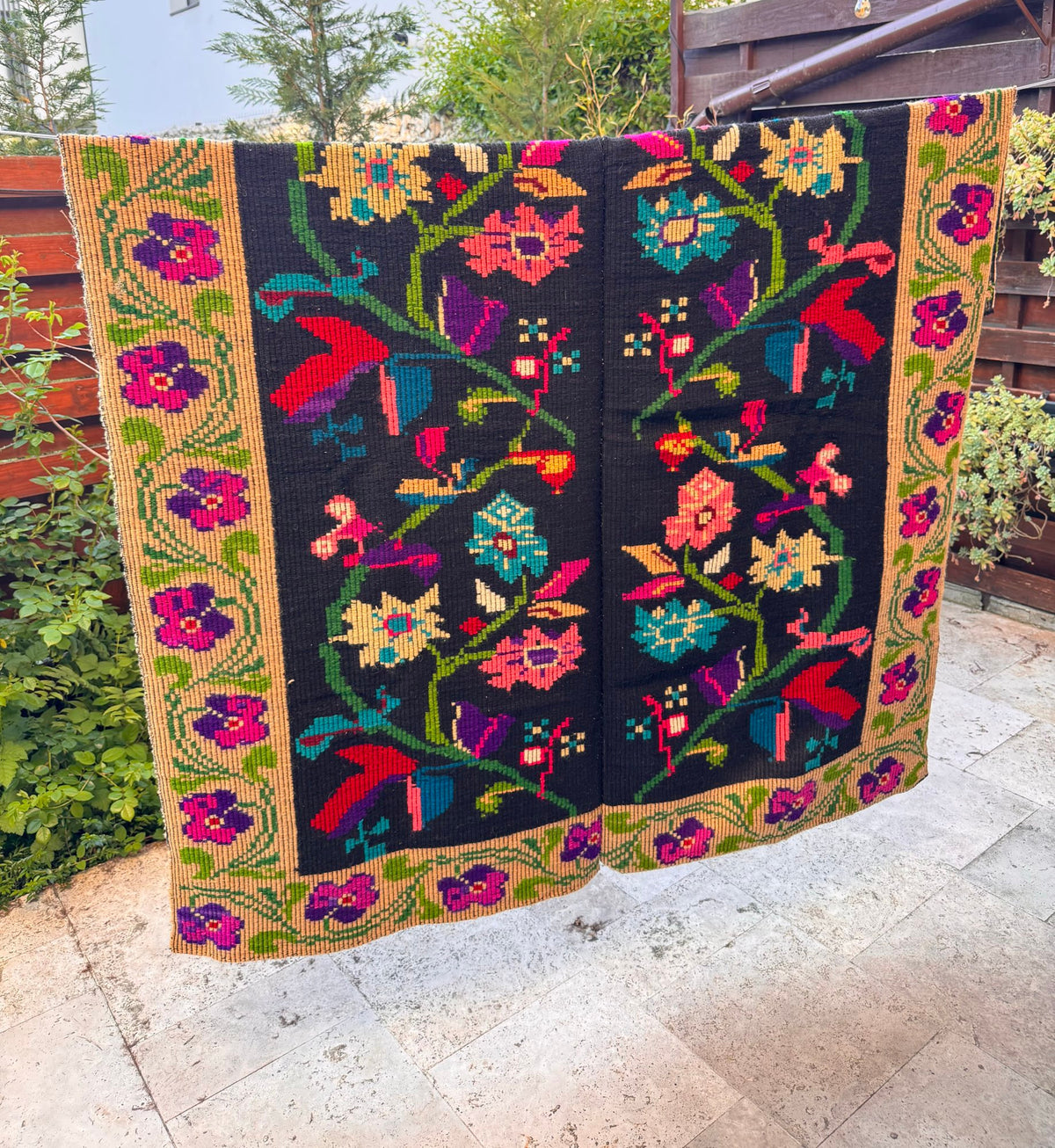 Handwoven Black Floral Oltenian Wool Rug, 180x153 cm, view 2