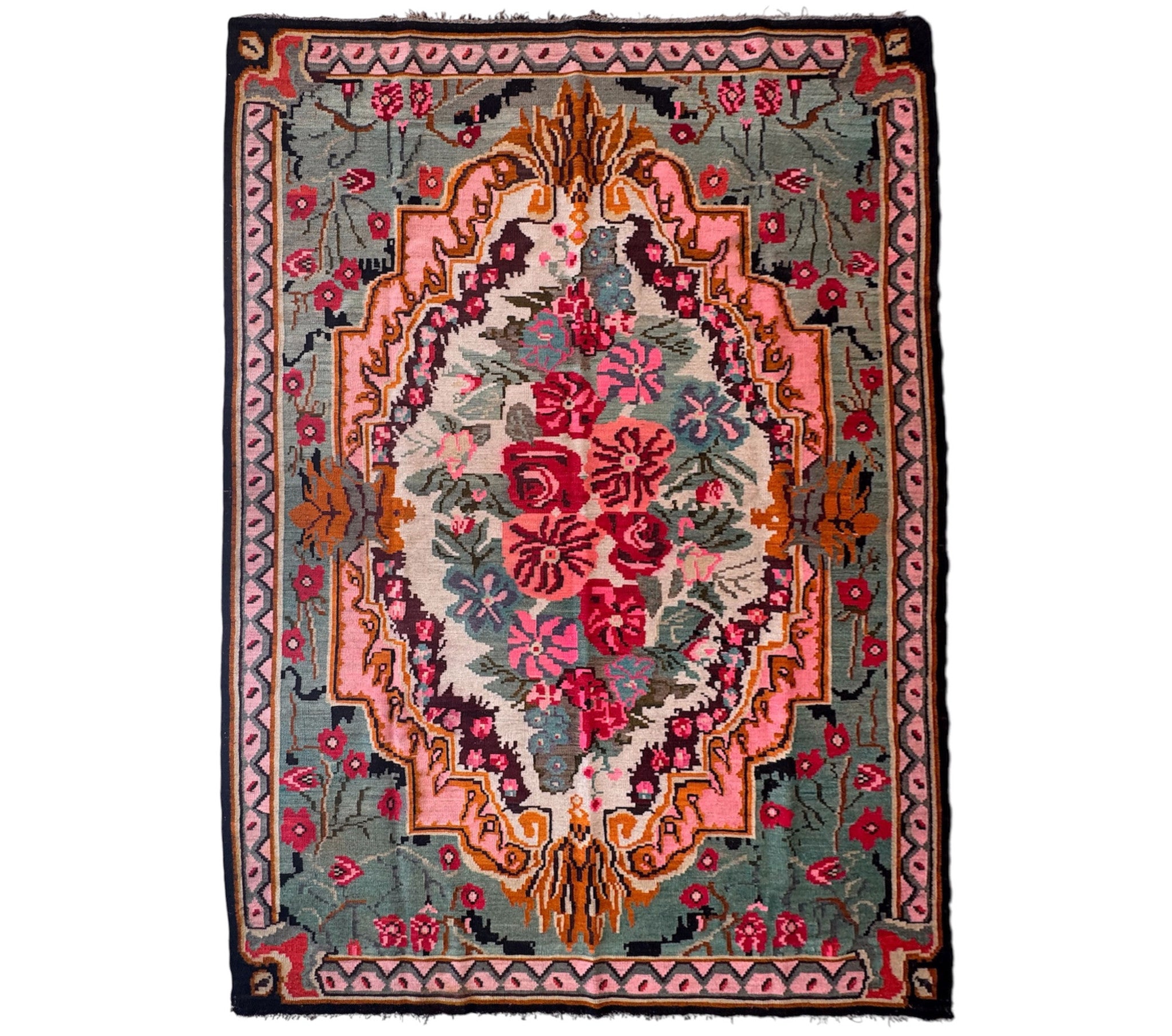 Vintage Turquoise Floral Bessarabian Wool Rug, 280x180 cm, view 2