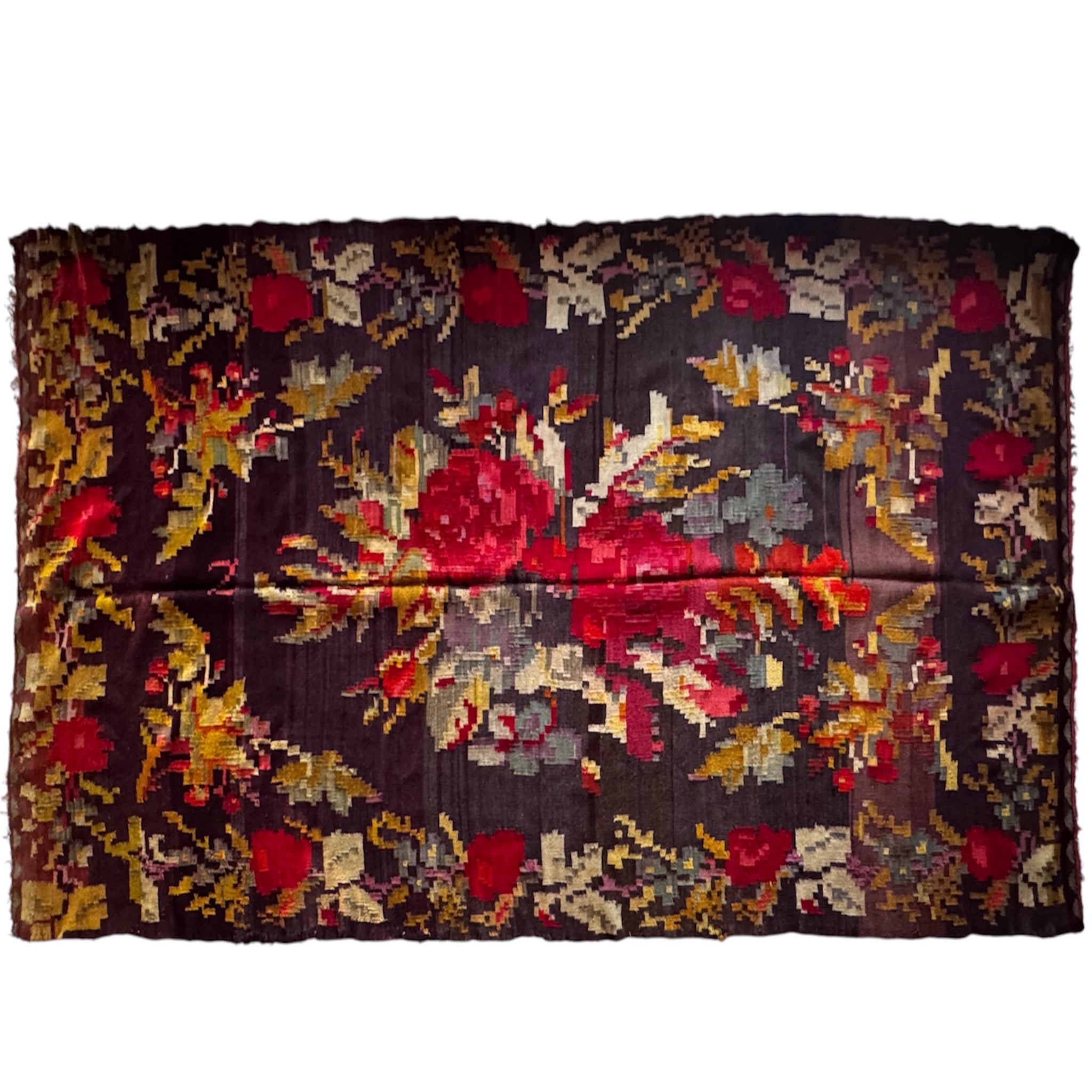 Rare antique Bukovina rose kilim, hand-woven wool rug, 325x165 cm, first half of 20th century