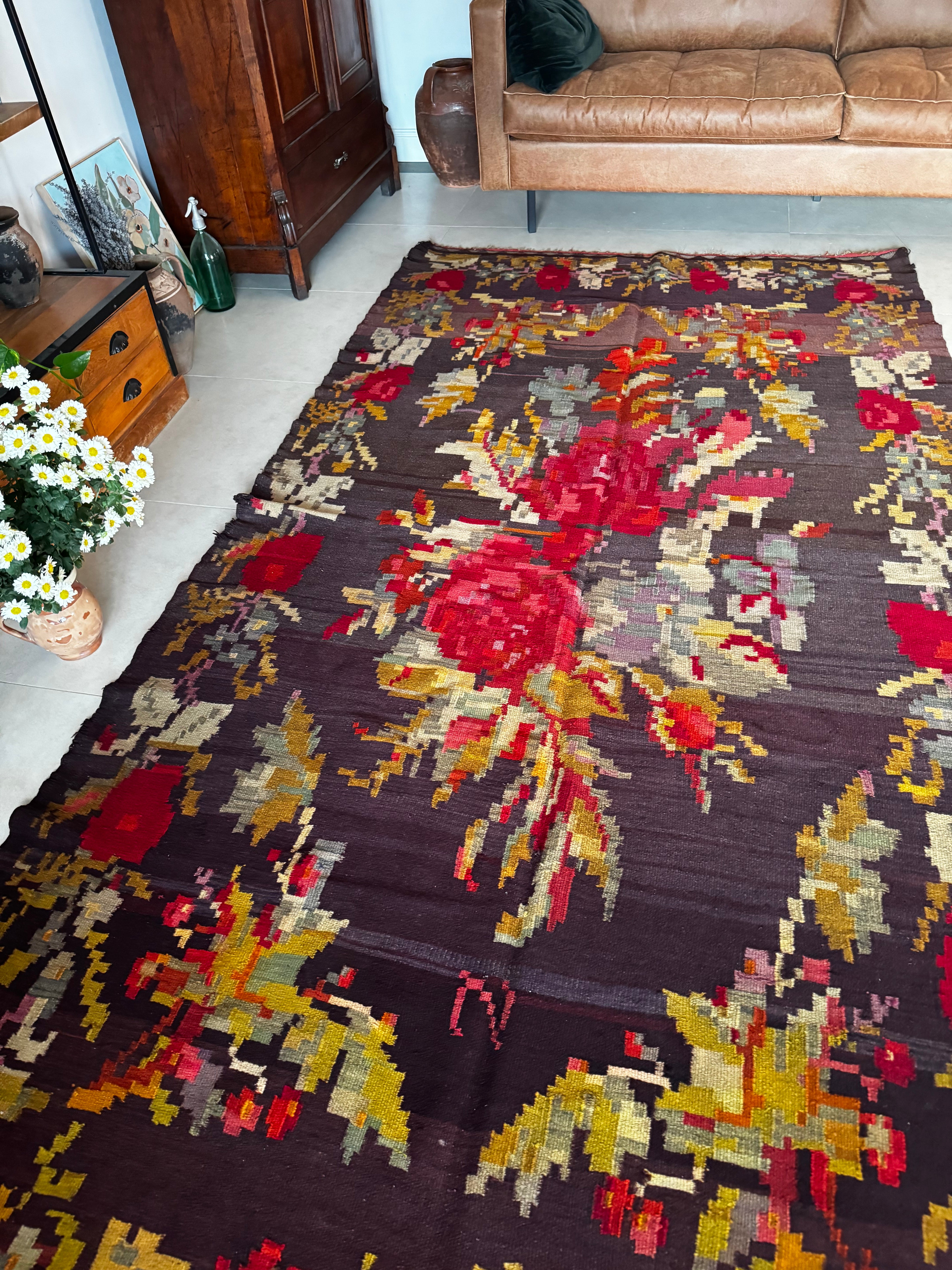 Detail of antique Bukovina kilim, hand-woven wool, early 20th century Romanian rug