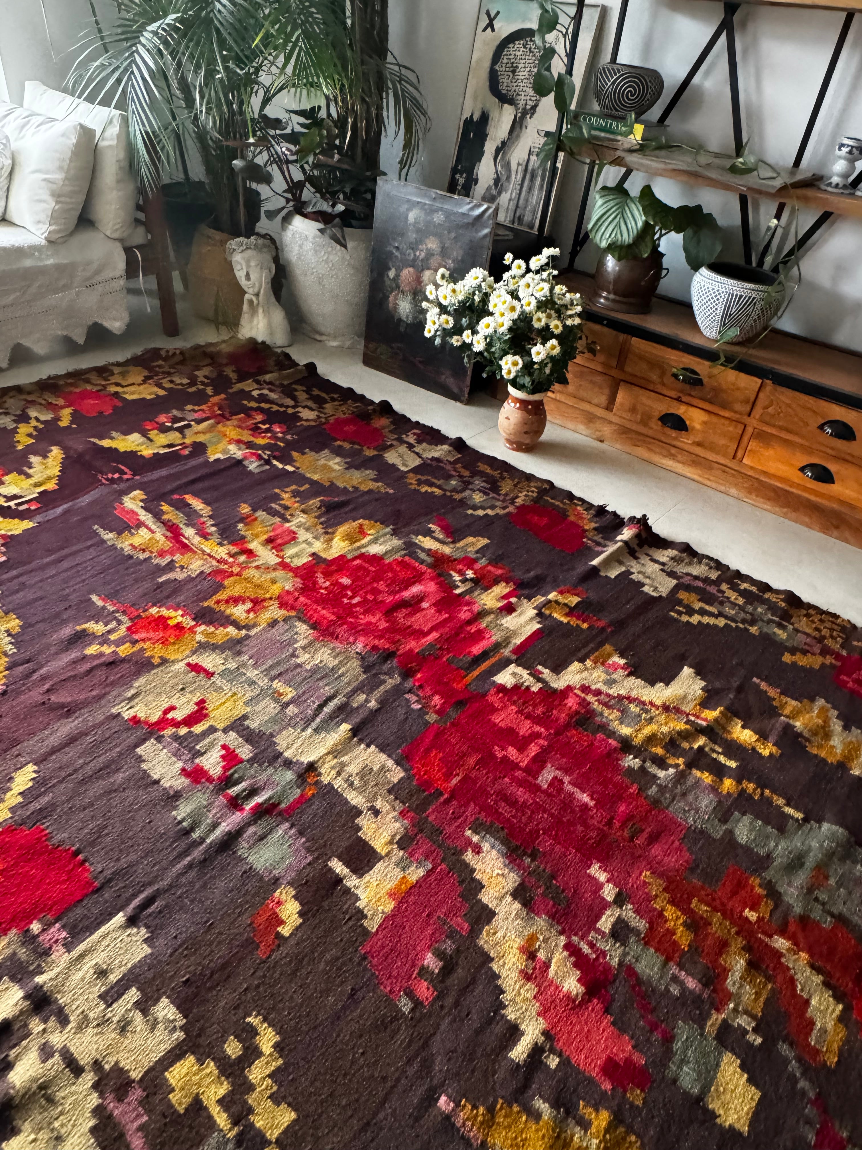 Close-up of hand-woven wool texture, rare antique Bukovina kilim, Romania
