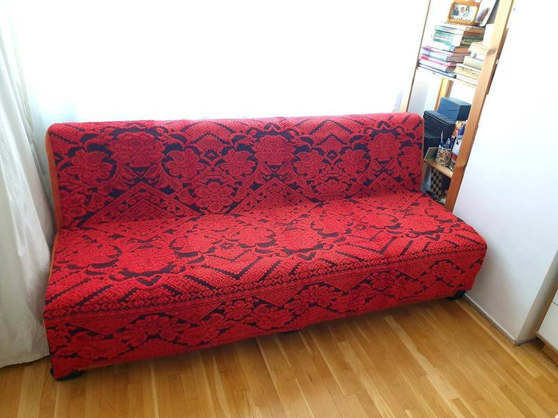 Red & Black Wool and Cotton Bed or Sofa Cover, 190x155 cm, view 3