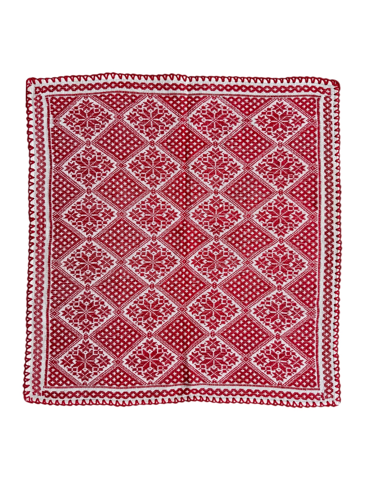 Red & White Cross-Stitch Romanian Tablecloth, 60x58 cm