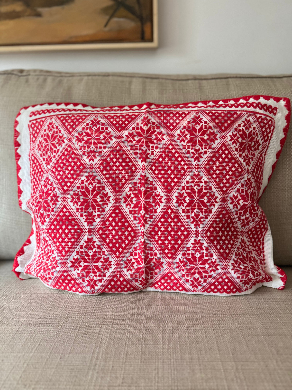 Red & White Embroidered Romanian Pillow Case, 55x43 cm