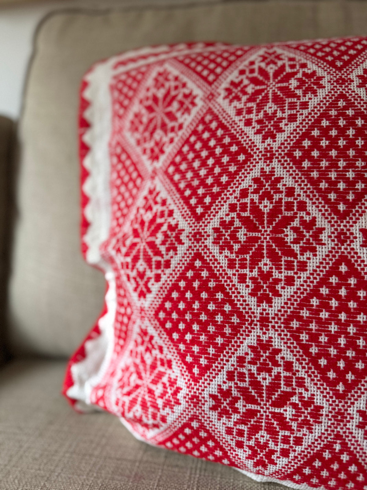 Red & White Embroidered Romanian Pillow Case, 55x43 cm, view 3