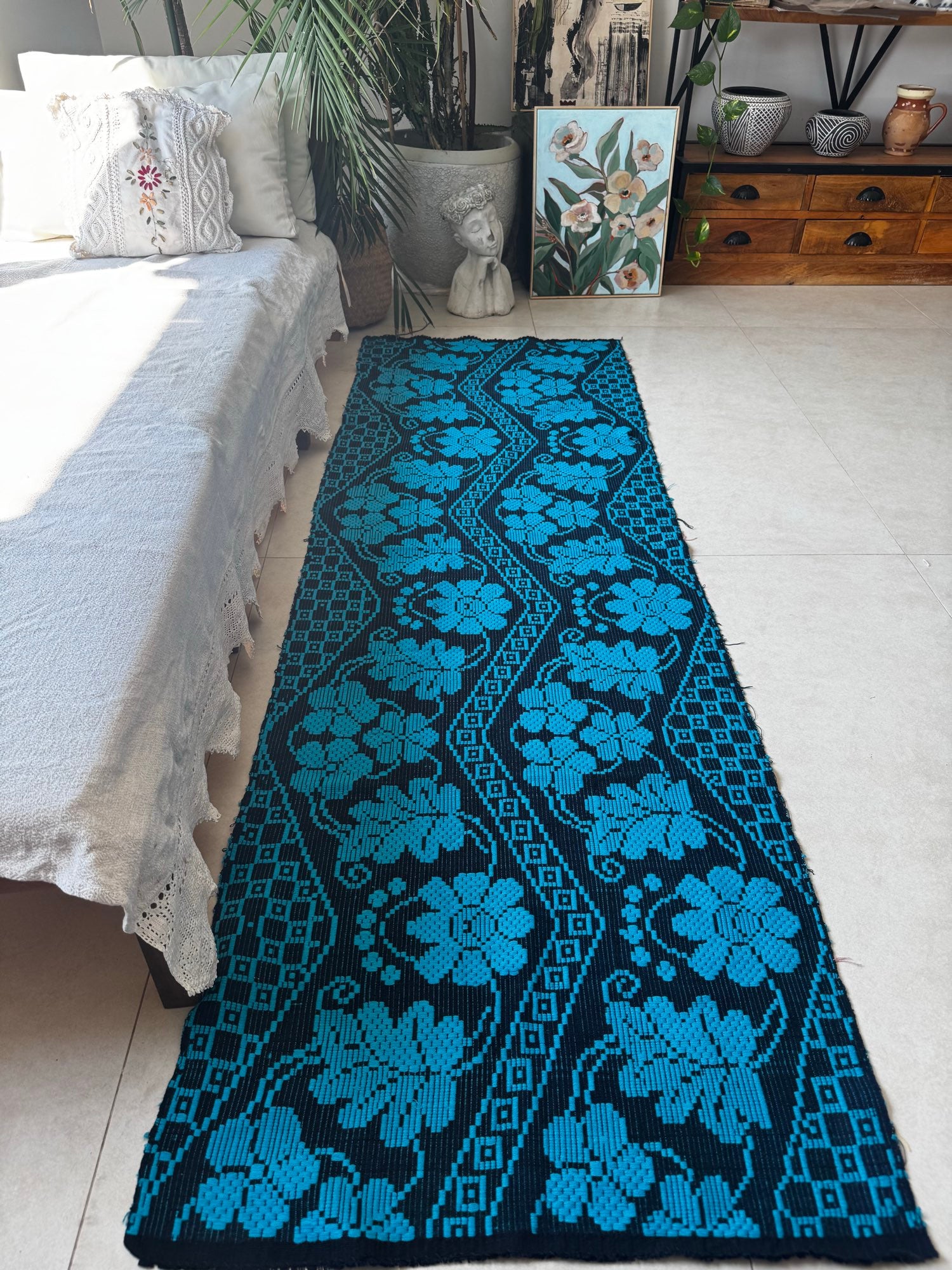Handwoven Black Floral Romanian Runner Rug, 220x70 cm, view 2