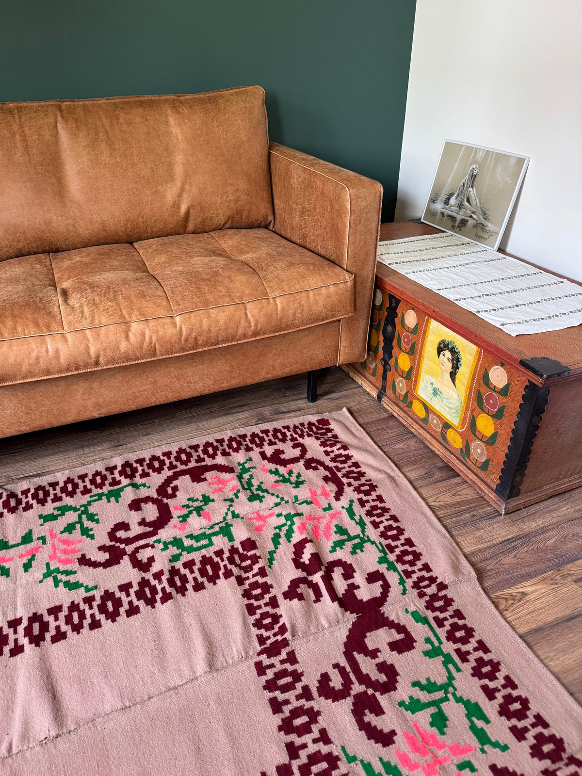 Vintage Beige Geometric Romanian Wool Rug, 185x148 cm, view 10
