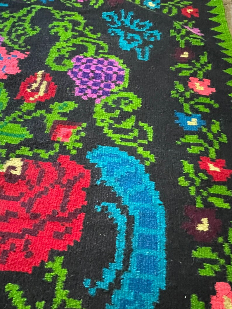 Vintage Black Floral Romanian Wool Rug, 270x175 cm, view 9