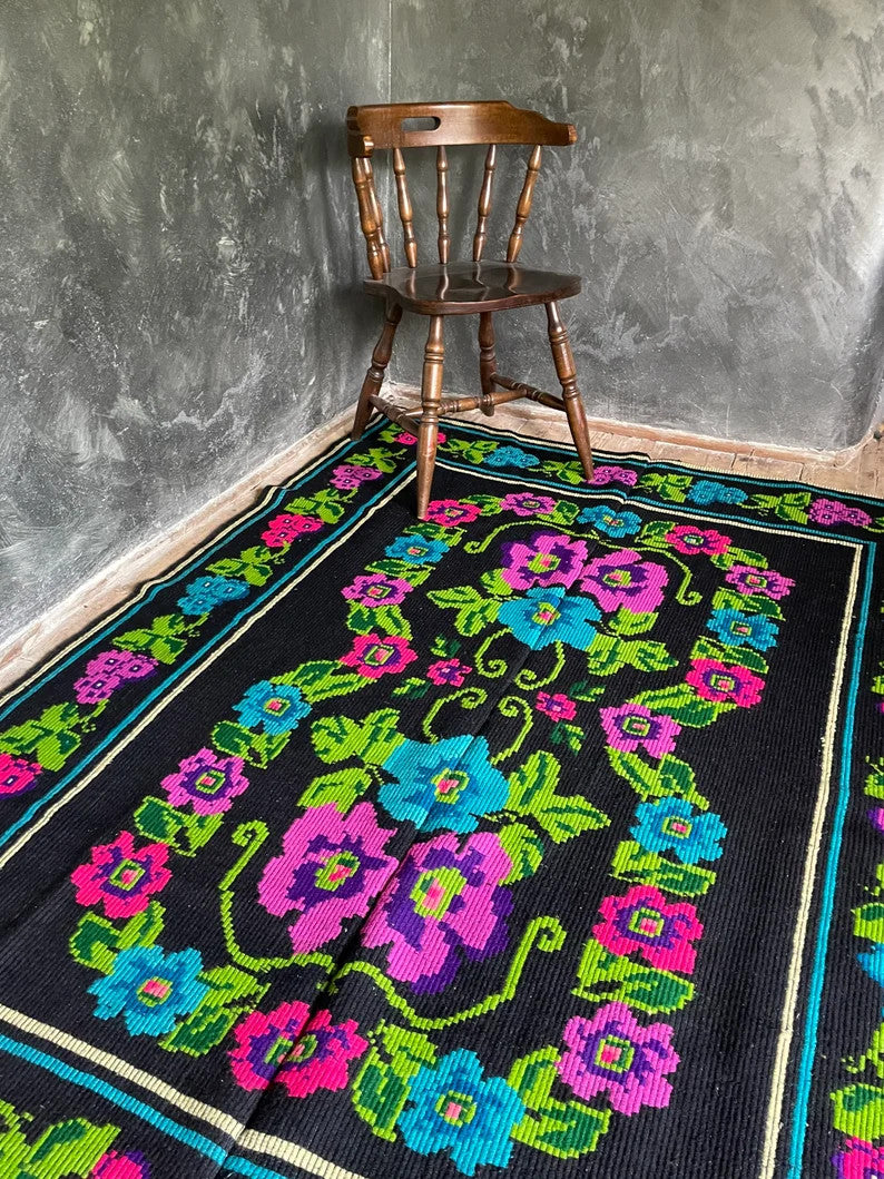Vintage Pink & Blue Floral Romanian Wool Rug, 201x150 cm