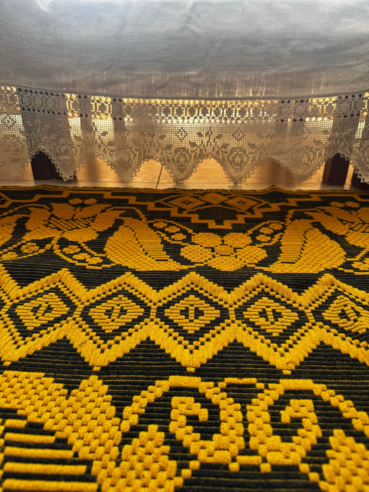 Handwoven Mustard & Black Floral Romanian Rug, 175x140 cm, view 3
