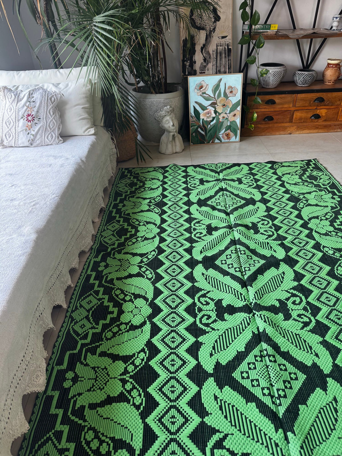 Handwoven Green & Black Floral Romanian Rug, 185x140 cm, view 12