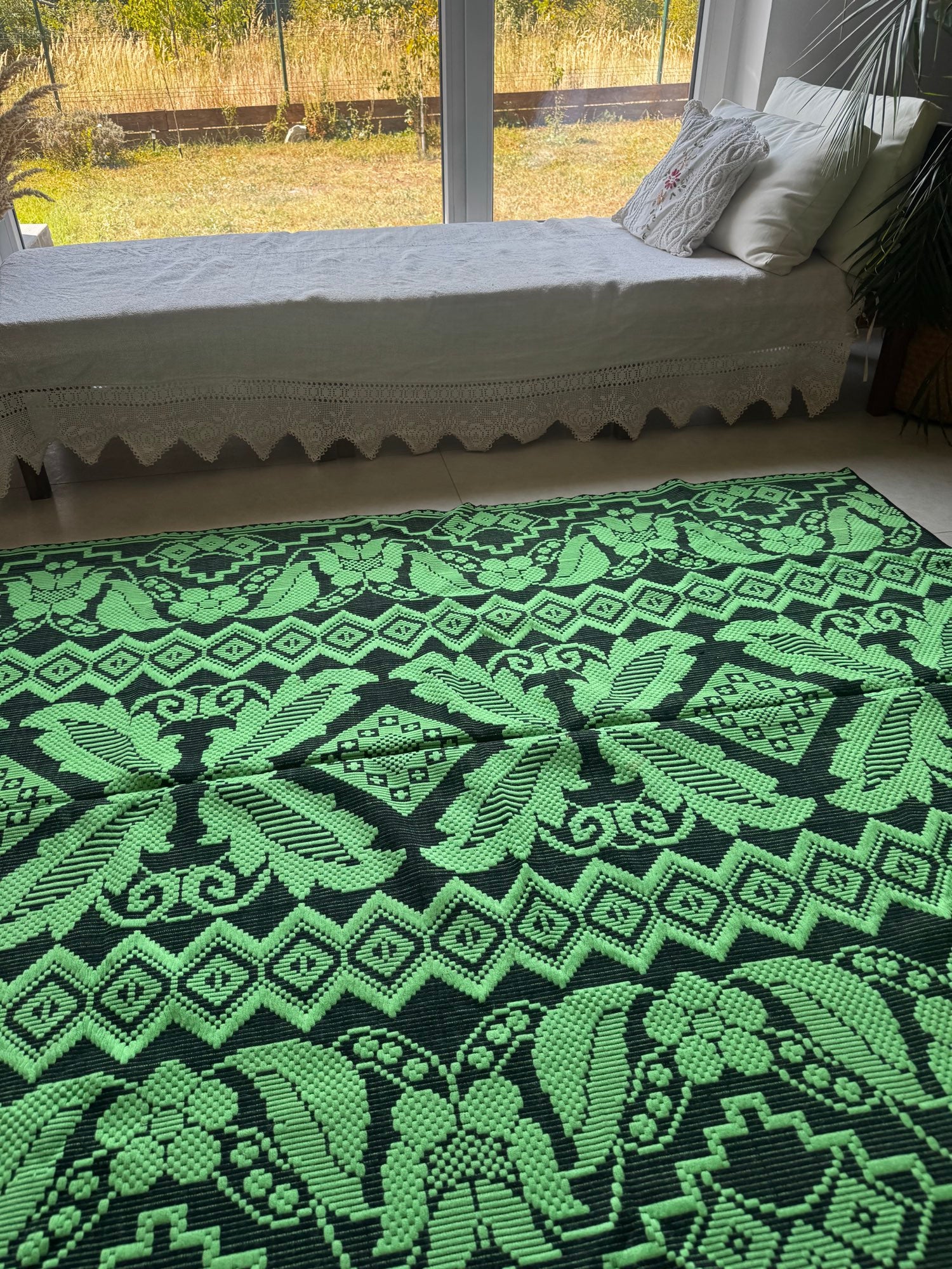 Handwoven Green & Black Floral Romanian Rug, 185x140 cm, view 5