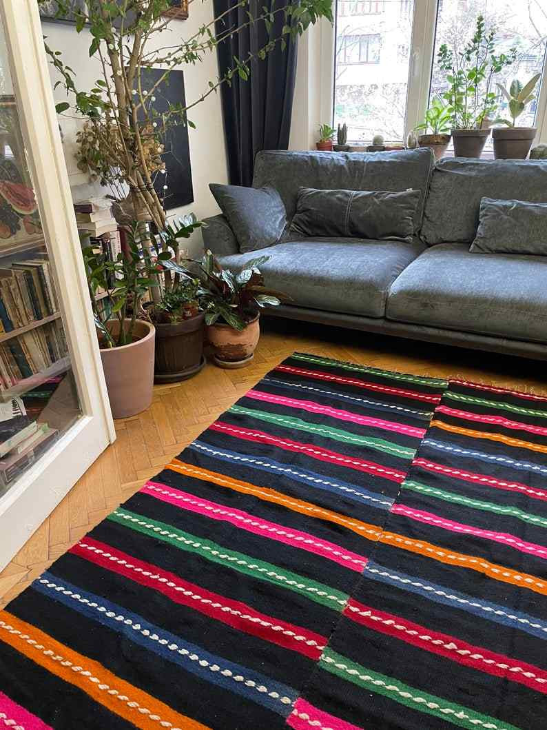 Vintage Black Striped Romanian Wool Rug, 208x152 cm, view 10