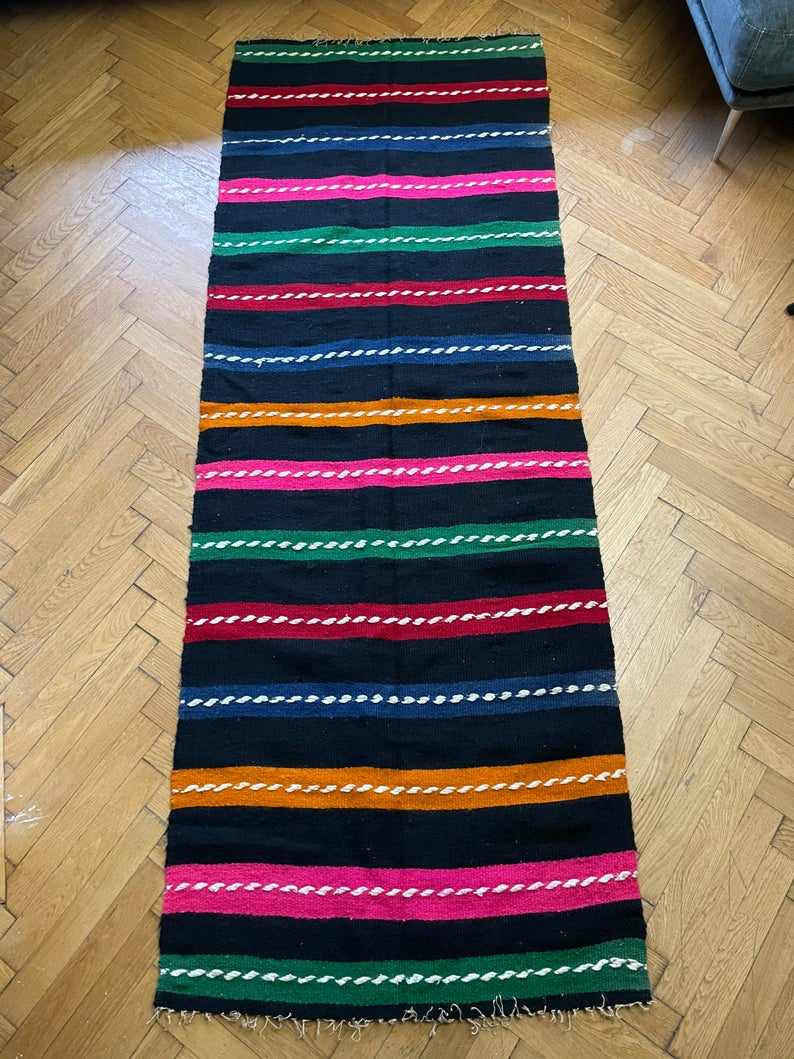Vintage Black Striped Romanian Wool Rug, 208x152 cm, view 4