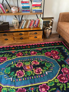 Handwoven Green Floral Romanian Wool Rug, 220x160 cm