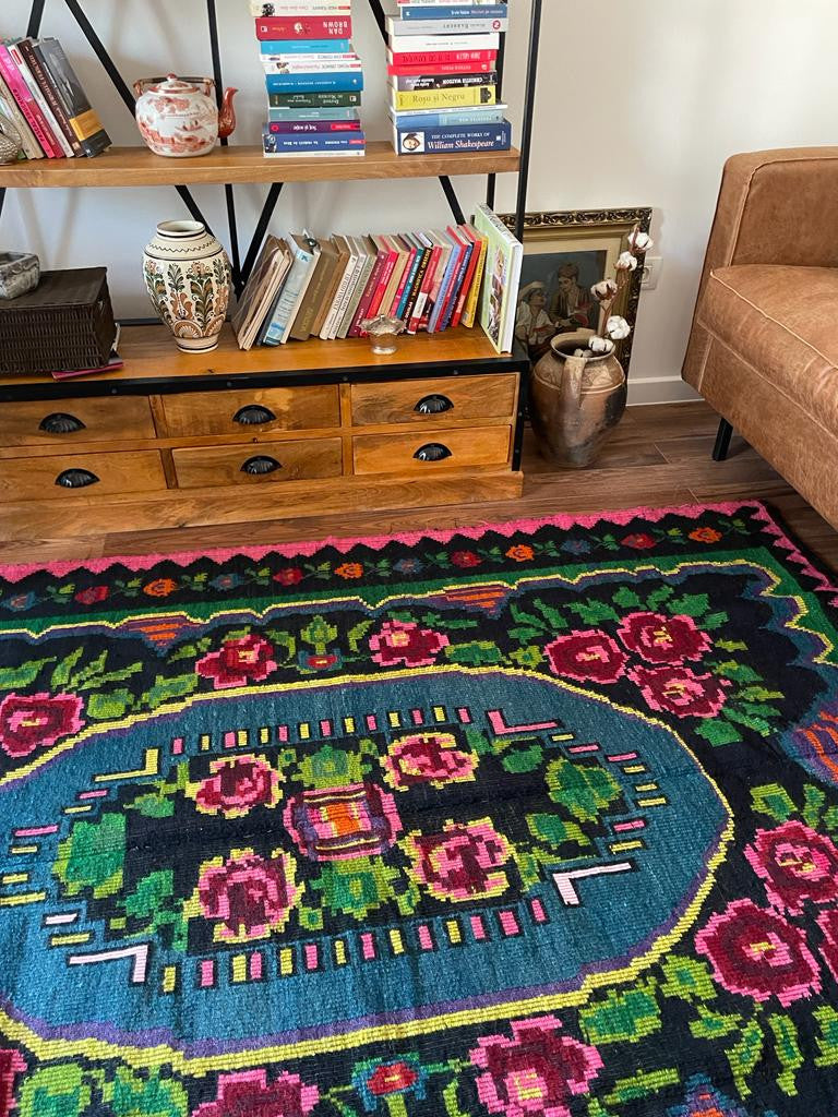 Handwoven Green Floral Romanian Wool Rug, 220x160 cm