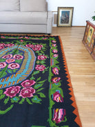 Handwoven Green Floral Romanian Wool Rug, 232x170 cm