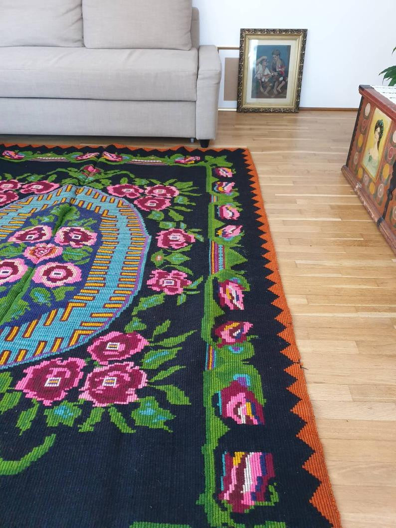 Handwoven Green Floral Romanian Wool Rug, 232x170 cm