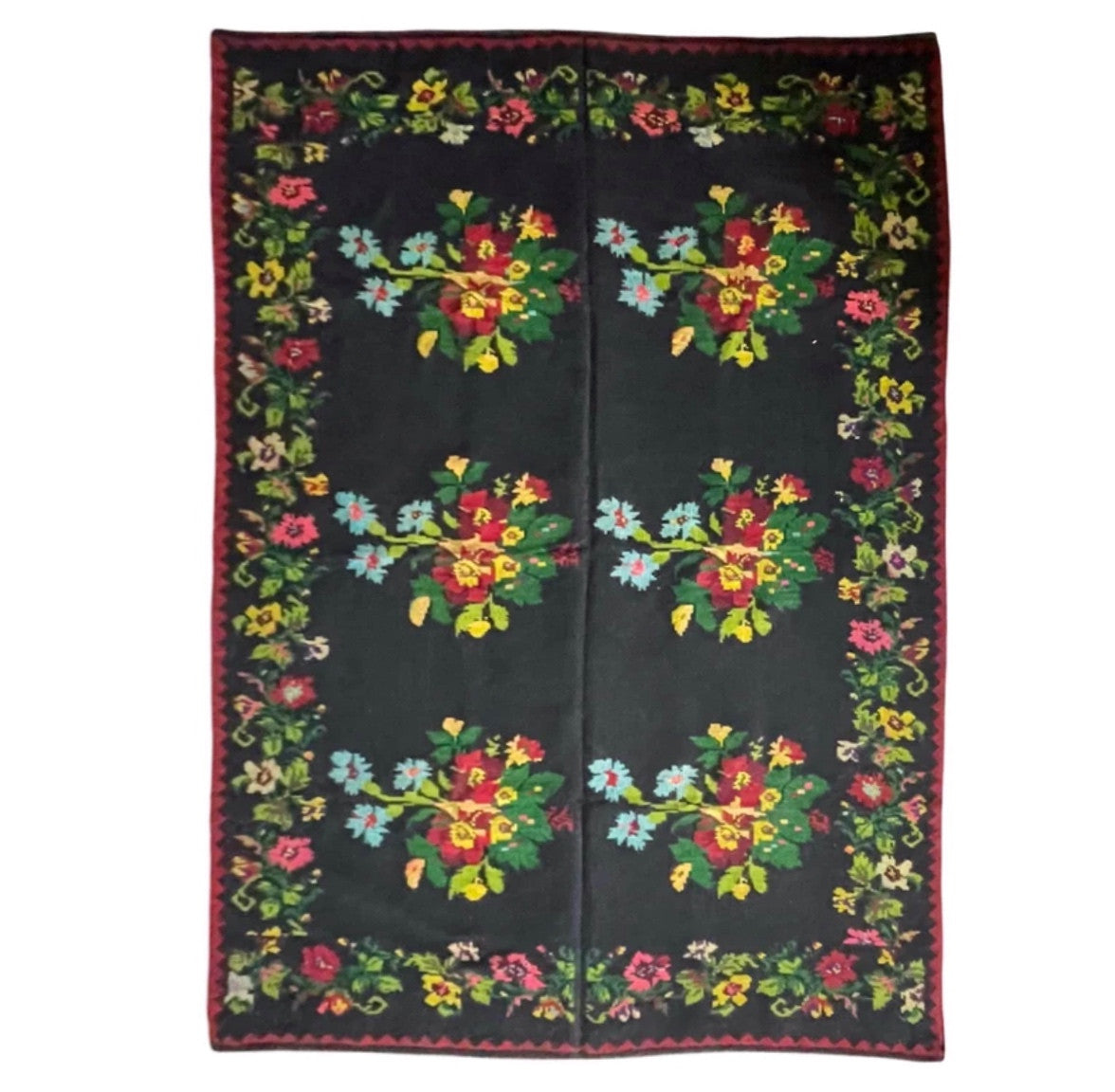 Handwoven Black Floral Romanian Wool Rug, 233x146 cm
