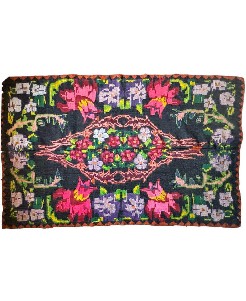 Handwoven Black Floral Romanian Wool Rug, 242x156 cm
