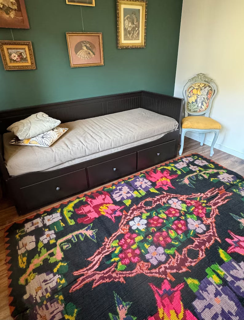 Handwoven Black Floral Romanian Wool Rug, 242x156 cm, view 2